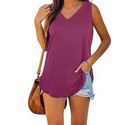 ASKSA Femme T-Shirt Débardeur Col en V sans Manche Chemisier été Couleur Unie Sport Tee Hauts Chemises Amples de Base Shirts (Fuchsia,XXL)