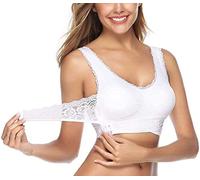 ASKSA Femmes sans Couture Dentelle Yoga Fitness Soutiens-Gorge de Sport Bustier Soutien-Gorge en Dentelle Croix Avant Boucle D'entraînement Entraînement Extensible(Blanc,XL)