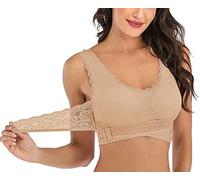 ASKSA Femmes sans Couture Dentelle Yoga Fitness Soutiens-Gorge de Sport Bustier Soutien-Gorge en Dentelle Croix Avant Boucle D'entraînement Entraînement Extensible(Couleur de la Peau,L)
