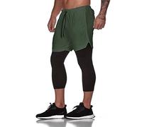 ASKSA Homme Short 2 en 1 pour de Course Double Pantalon de Sport Court Leggings Décontracté D'entraînement Fitness Longue Leggings avec Poche(Vert,XL)