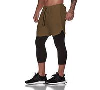 ASKSA Homme Short 2 en 1 pour de Course Double Pantalon de Sport Court Leggings Décontracté D'entraînement Fitness Longue Leggings avec Poche(Kaki,M)