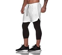 ASKSA Homme Short 2 en 1 pour de Course Double Pantalon de Sport Court Leggings Décontracté D'entraînement Fitness Longue Leggings avec Poche(Blanc,L)