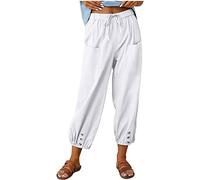 ASKSA Pantalon 7/8 Femme Été Lin Ample Longueur Pants Cordon pour Décontracté à Jambes Léger en avec Poches (Blanc,S)