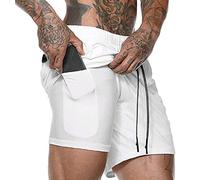 ASKSA Short 2 en 1 pour Homme Short de Course Double Pantalon de Sport Court Hommes Décontracté Jogging D'entraînement Fitness Leggings(Blanc,M)