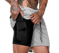 ASKSA Short 2 en 1 pour Homme Short de Course Double Pantalon de Sport Court Hommes Décontracté Jogging D'entraînement Fitness Leggings(Gris,L)