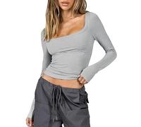 ASKSA T-shirt à manches longues Y2K pour femme - Coupe ajustée - Couleur unie - Manches longues - T-shirt pour adolescent streetwear, gris, S