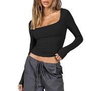ASKSA T-shirt à manches longues Y2K pour femme - Coupe ajustée - Couleur unie - Manches longues - T-shirt pour adolescent streetwear, Noir , M