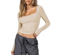 ASKSA T-shirt à manches longues Y2K pour femme - Coupe ajustée - Couleur unie - Manches longues - T-shirt pour adolescent streetwear, Abricot, S