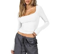 ASKSA T-shirt à manches longues Y2K pour femme - Coupe ajustée - Couleur unie - Manches longues - T-shirt pour adolescent streetwear, Blanc., M