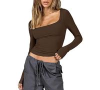 ASKSA T-shirt à manches longues Y2K pour femme - Coupe ajustée - Couleur unie - Manches longues - T-shirt pour adolescent streetwear, café, M