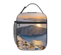 ASLKXOPEMG Sac à déjeuner isotherme pour femme et homme - Motif île de Grèce et coucher de soleil - Réutilisable - Pour le travail, le pique-nique, les voyages