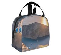 ASLKXOPEMG Sac à déjeuner isotherme réutilisable pour femme et homme - Motif île de Grèce et coucher de soleil - Pour le travail, le pique-nique, les voyages