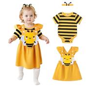 Asmea Vetement Bebe Fille Naissance Abeille Ensemble Bebe Fille Manches Courte à Volants Barboteuse Bebe Fille + Robe Bebe Fille Cadeau Naissance Fille Tenue Bebe Fille Body Bebe Fille 0-3 Mois