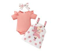Asmea Vetement Bebe Fille Naissance Ours Ensemble Bebe Fille Manches Courte à Volants Barboteuse Bebe Fille + Robe Bebe Fille Cadeau Naissance Fille Tenue Bebe Fille Body Bebe Fille 3-6 Mois
