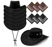 ASMIZ Lot de 6 Ensembles Cowboy pour Carnaval - 6 Chapeaux Noirs et 6 Bandanas - Accessoires de Déguisement Western pour Adultes, Fêtes à Thème, Anniversaire et Photobooth - Taille Réglable