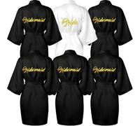 ASMIZ Lot de 6 Peignoirs Satinés Mariage Femme - 1 Robe Blanche Bride + 5 Robes Noires Bridesmaid, Robes de Chambre EVJF Kimono Demoiselles d’Honneur avec Ceinture