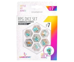 Asmodee - Gamegenic - Embraced Series - Green Skull (Crâne Vert) - Set de 7 Dés JDR - Accessoire pour Jeux de société - Jeux de dés