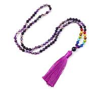 ASNAT Bohême Collier en pierre naturelle pour femmes hommes 108 Mala 7 chakra agates violettes perles nouées gland long collier, agates violettes