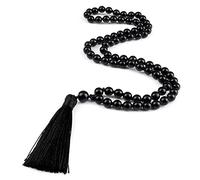 ASNAT Collier en pierre naturelle 8mm noir brillant onyx perlé noué Mala Japamala Collier de pompon, noir vif