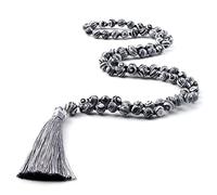 ASNAT Collier long noué à la main 8mm Malachite Gris Pierre Naturelle Perles Mala Collier Pompon Pour Femmes Hommes, Malachite Gris
