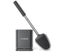 ASOBEAGE Brosse de toilette en silicone : tête flexible, poignée en acier inoxydable, montage mural, support à séchage rapide pour le nettoyage de la salle de bain (noir)