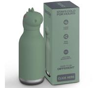 Asobu Bestie Bouteille d'eau isotherme en acier inoxydable avec tête d'animal souple amovible pour enfants et adolescents avec paille flexible réutilisable 473,6 g (dinosaure)