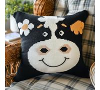 ASONGLINGO Création De Tapis Et Canvas Taie D'Oreiller Kits De Crochet Kit Point Noué Coussin Kit De Verrouillage Tapis Point Noué 43×43cm(Animal Vache)