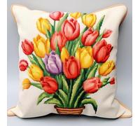 ASONGLINGO Kit de Coussin avec Crochet à Loquet Coussin au Point Noué, 43×43cm création de Tapis et Canvas, Tapis Point Noué,Latch Hook Canevas Coussin(Fleurs de tulipes colorées)