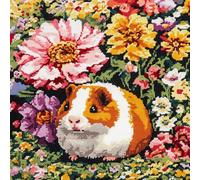 ASONGLINGO Kit de Crochet de Verrouillage Coussin Cochon d'Inde animal et fleurs DIY Broderie Kit Tapis Point Noué à Faire pour Débutants, Latch Hook Canevas Coussin Point 43x43cm