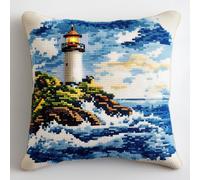 ASONGLINGO Kit de Crochet de Verrouillage Coussin Tapis DIY Broderie Kit Tapis Point Noué à Faire pour Débutants,Latch Hook Canevas Coussin Point 43x43cm(Phare au bord de la mer)
