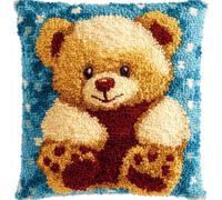 ASONGLINGO Kit Point Noué Coussin, Crochet de Verrouillage Kits de Coussins avec Crochet, Tapis Point Noué à Faire, Coussin au Point Noué 43x43cm(Ours de dessin animé)