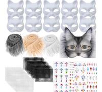 ASOUUNLD 10 Pièces Masques de Chat, Masque Therian Masques de Renard Vierges en Papier Blanc Pur avec Fourrure, Filet Œil et Autocollant Diamant pour DIY, Mascarade, Carnaval, Cosplay, Halloween