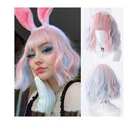 Aspect naturel, Perruques de cheveux synthétiques bleus mélangés roses for femmes filles, perruque courte bouclée Bobo avec frange, perruque courte Bobo Cosplay, utilisation de costume de fête for Hal
