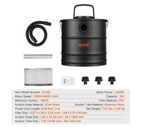 Aspirateur à cendres 1200W, capacité 20L, filtration HEPA, long tuyau, 220V1200W20L