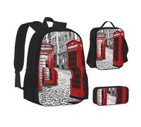 ASPOIJHN Sac à dos à crayons et sac à déjeuner pour filles, garçons, adolescents, enfants, primaire, rentrée scolaire rouge (London Red Telephone Booth), Noir , Taille unique, Ensemble cartable
