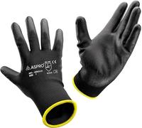 ASPRO 10 Paires de Gants Jardinage et Travail - Gants de Travail Noirs en Nylon Enduit de PU pour Construction, Jardinage, Mécanique, Manutention etc. - Gants de Manutention, taille 7 (S)