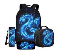 ASQVTIFE Ensemble sac à dos et sac à déjeuner pour enfants avec trousse à crayons et pochette pour bouteille d'eau, Dragon Bleu, Taille unique