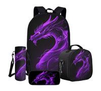 ASQVTIFE Ensemble sac à dos et sac à déjeuner pour enfants avec trousse à crayons et pochette pour bouteille d'eau, Dragon - Violet, Taille unique
