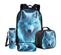 ASQVTIFE Ensemble sac à dos et sac à déjeuner pour enfants avec trousse à crayons et pochette pour bouteille d'eau, Ice Wolf., Taille unique