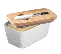 Assiette à beurre en céramique, bol à beurre en métal de 500 ml, récipient à beurre en céramique, support à beurre avec couvercle en bambou et couteau à beurre pour beurre, noix, fromage (blanc)