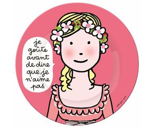 Assiette à dessert Princesse : Je goûte avant de dire que je n'aime pas - Rose