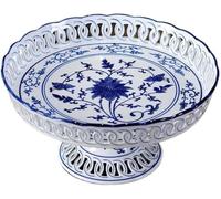 Assiette à fruits en porcelaine bleue et blanche, assiette à dessert chinoise, assiette à pied haut for temple bouddhiste, assiette à offrande(B)