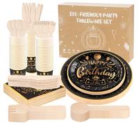 Assiette Anniversaire,Anstore 200 Assiettes en Carton Réutilisables, Vaisselle de Fête en Papier Noir et Or avec Cuillère Fourchette Couteau Gobelet Serviettes pour 25 Invités Pour Fête,Mariage,Noël
