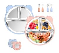 Assiette Bébé en Acier Inoxydable avec Ventouse, Assiette Compartimentée Antidérapante, Cuillères et Fourchettes, Manchon Silicone Amovible Incassable Sans BPA pour Tout-Petits et Chaise Haute
