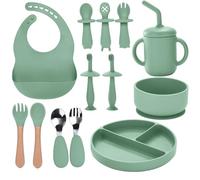 Assiette Bebe, Lot de 13 Set Coffret Repas BéBé,Bol Cuillere Bebe, Bavoir Silicone Bebe, Assiette Ventouse Pour BéBé, brosse a dent bebe,Enfant Set Couverts Vaisselle Pour Sevrage Manger (Vert Clair)