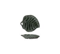 Assiette de présentation en grès vert foncé, forme feuille, à motifs - Bloomingville, Savana - 23x26x4 cm