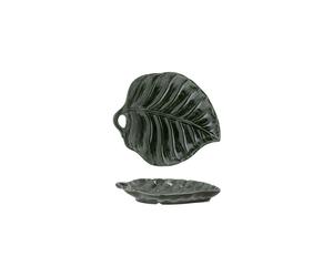 Assiette de présentation en grès vert foncé, forme feuille, à motifs - Bloomingville, Savana - 23x26x4 cm