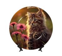 Assiette décorative à motif de chat touchant des fleurs, 15 cm, compatible micro-ondes, four et lave-vaisselle, résistante aux rayures, idéale pour la décoration du salon ou de l'entrée, ou comme cade