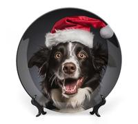 Assiette décorative avec support, assiettes de Noël à suspendre pour la décoration murale de la cuisine, assiette de Noël avec un chien et le Père Noël, assiette en céramique pour plateau de table b