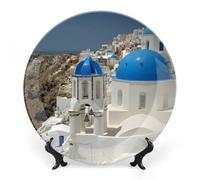 Assiette décorative de 15 cm (6 pouces) représentant l'architecture de Santorin, en Grèce. Assiette ronde en céramique avec support. Assiette de table moderne en porcelaine, à suspendre au mur. Déco